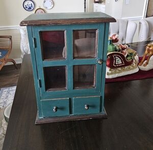 Vintage Teal Wood Curio Cabinet Wall Hanging Tiny Compartments Glass Doors